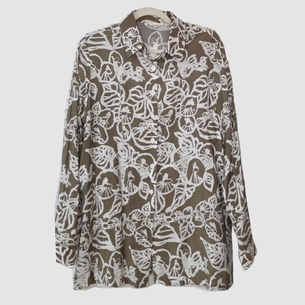 Tilley Tan & White Button Down Neutral Shirt Size L Long Line Tunic